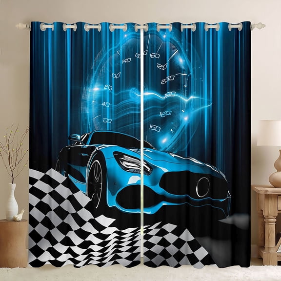 Homewish Blue Chic Automobile Black Out Curtains, Modern Checkered Flag Curtains Pack of 2 (42x63 Each), Extreme Sports Lover Bedroom Curtains, Black Out Curtains Room Decor