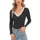 thumbnail image 1 of Camisa básica ajustada con cuello en V de encaje Manga larga Tops básicos cómodos y gruesos para mujer Negro XXL, 1 of 8