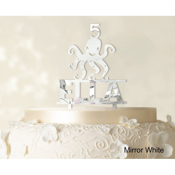 """Birthday Custom Name Cake Topper"" With Octopus Figure Mirror White Cake Topper Cake Decorations Color Option Available 6""-7"" Inches Wide"