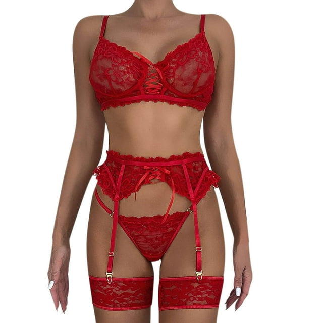 Gibobby Ropa interior mujer sexy Conjunto de Lencería Sexy para Mujer con Cinturones de Liga Conjunto de Sujetador y Bragas de Encaje Sexy(Rojo, CH)
