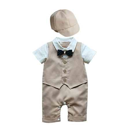 

StylesILove Baby Boy Formal Wear Romper and Hat 2-Piece Outfit for Wedding Birthday Holiday and Special Occasion (Khaki (with Bowtie) 95/18-24 Months)