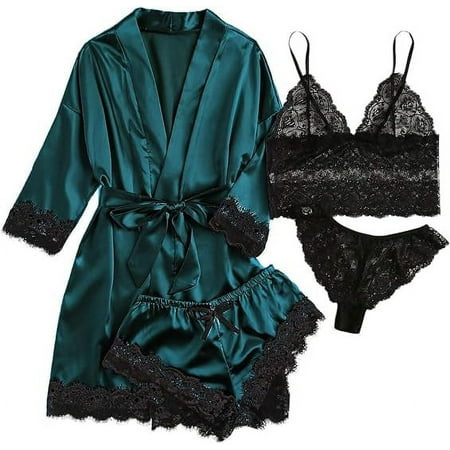 SkyAuks 4Pcs Women s Floral Lace Trim Cami Lingerie  Satin Pajama Set  Sleepwear with Robe  DarkGreen  XL