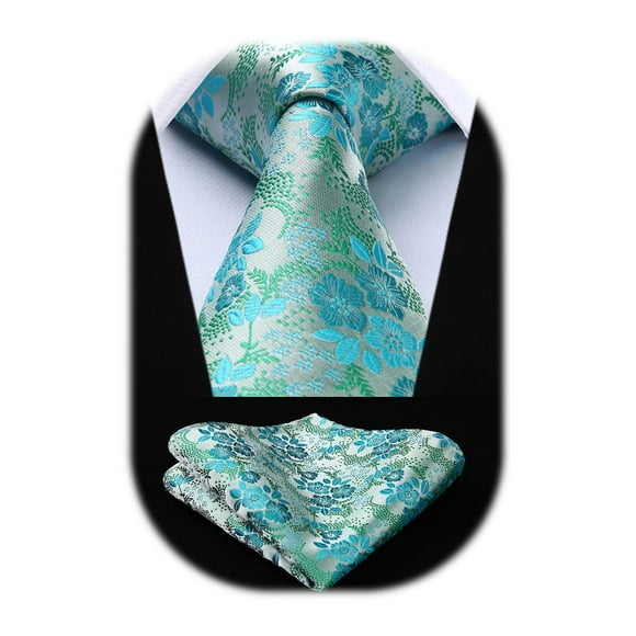 HISDERN Men Aqua Floral Ties Woven Classic 3.4" Necktie Set Formal tie Pocket Suqare for Wedding Business with Handkerchief Gift Box