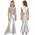 thumbnail image 2 of iiniim Girls Metallic Crop Tops with Shiny Bell Bottom Pants 2 Pcs Set Sparkly Dance Hip Hop Disco Outfits Silver 10, 2 of 7