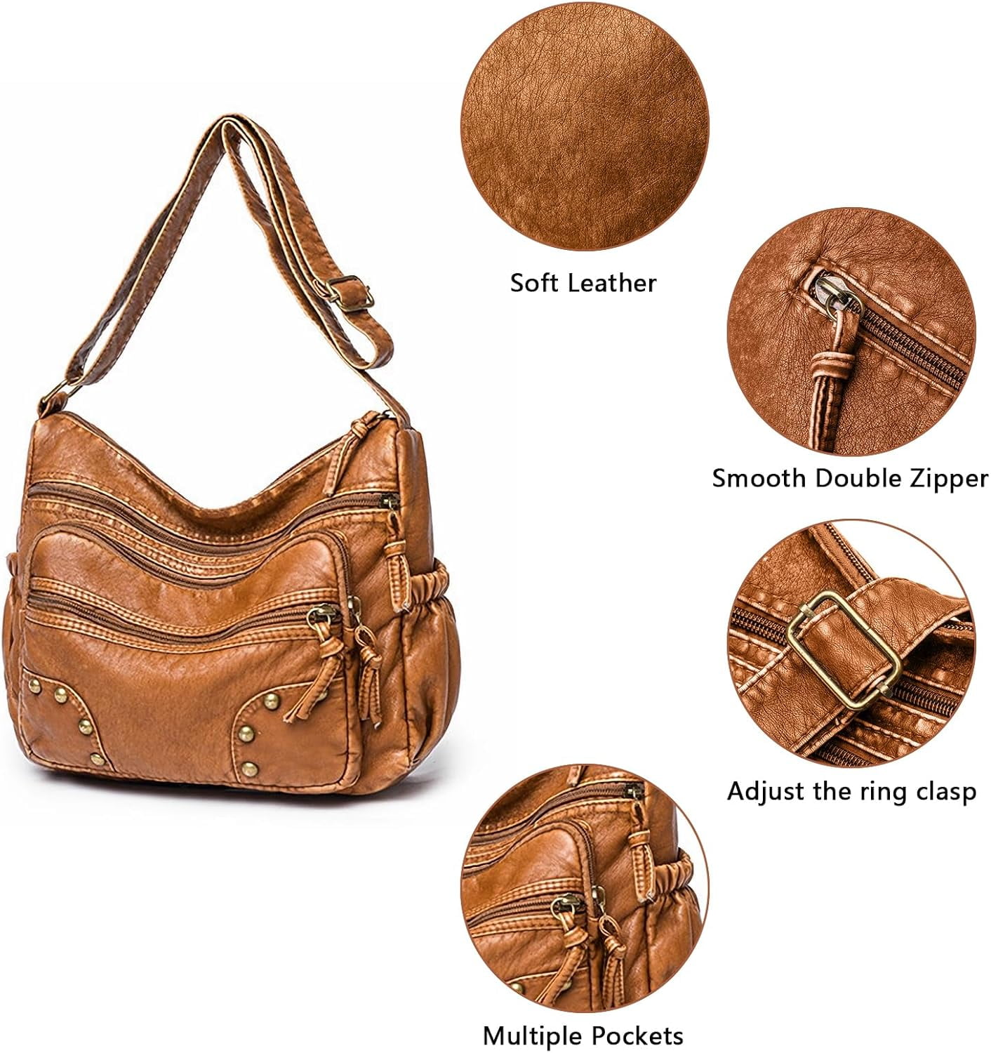 Lightweight Leather Multi-Pocket Shoulder Bag for Women - Retro Sling Medium Travel Purses