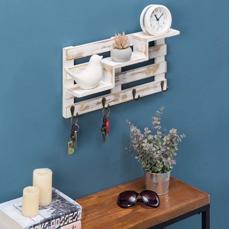 MyGift Floating Wall Shelf with Hooks, Whitewashed Wood Entryway Storage Shelf with 4 Metal Key Hooks