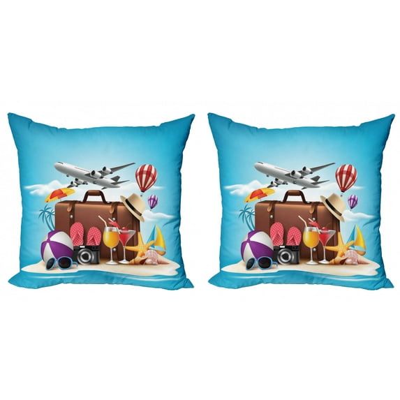Travel Throw Pillow Cushion Cover Pack of 2, 3D Realistic Summer Vacation Design for Travel on a Sand Beach Island in Horizon, Zippered Double-Side Digital Print, 4 Sizes, Multicolor, by Ambesonne