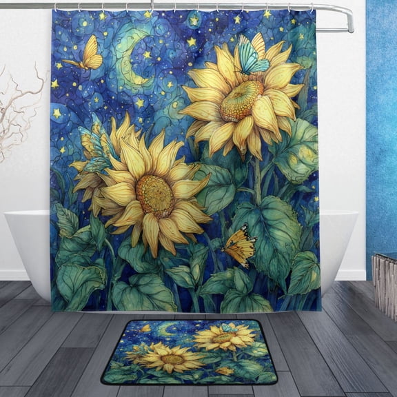 TTYFWHD 60" x 72" Shower Curtain and Bath Mat Set Sunflowers under The Starry Night Waterproof Bathroom Curtain with 12 Hooks, Bathroom Decor Set