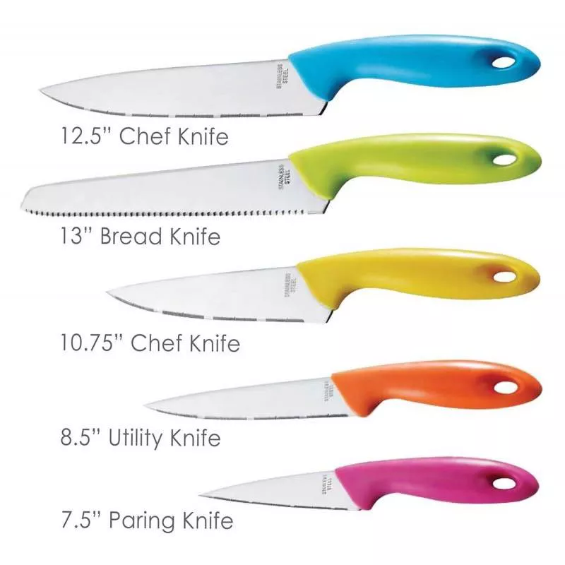 6 Piece Stainless Steel Knife Set with Multi-Colored Handles In Block