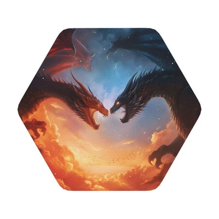 

Coaee Red And Blue Fire Cloud Dragon Print Leather Coasters Set of 6 Non-Slip Washable Cup Coasters for Home Office Bar Hexagon