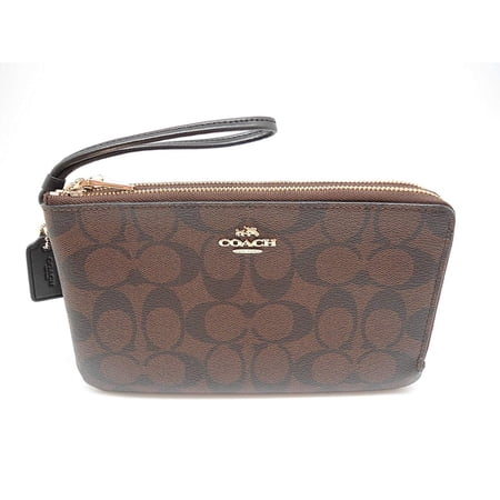 COACH Signature PVC Double Zip Wallet Wristlet in Brown/Black
