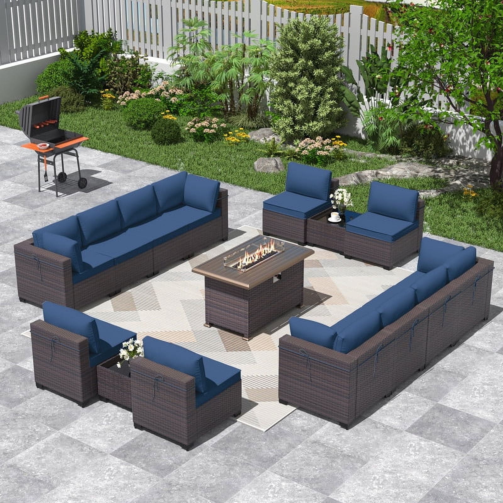 ALAULM 15 Piece Outdoor Patio Furniture Sectional Sofa with Gas Fire Pit Table and 55,000 BTU Firepit, Navy Blue/Brown