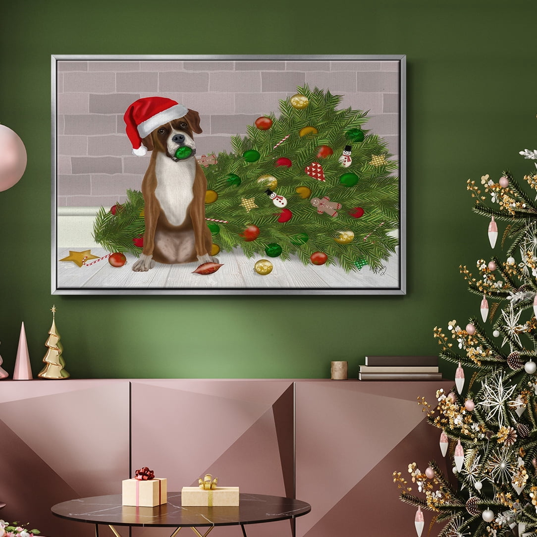 Christmas Boxer and Broken Christmas Tree - Framed Gallery Wrapped Holiday Canvas - 17 x 25 - Silver Frame