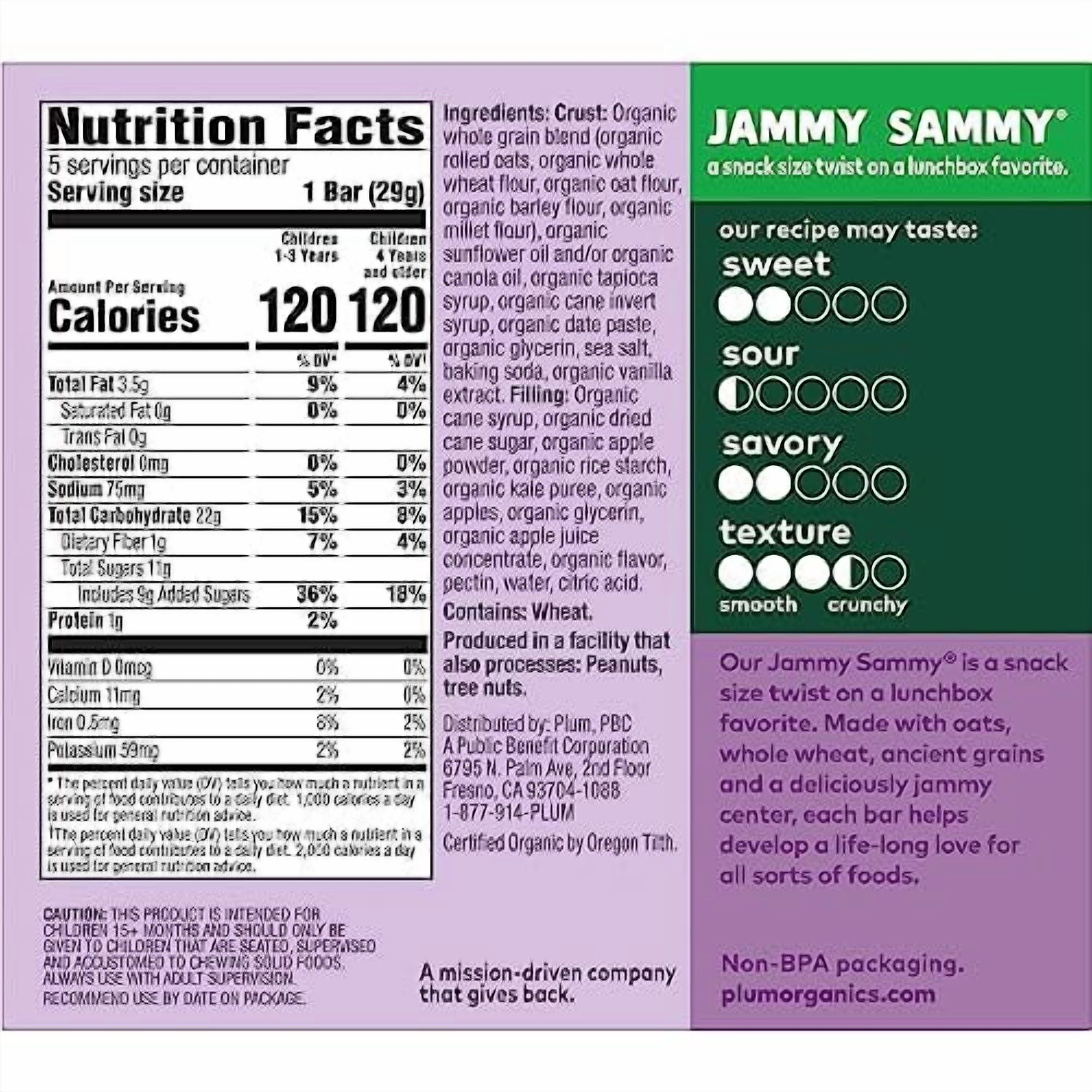 Plum Organics Jammy Sammy Snack Bars - Apple, Kale, and Oatmeal - 1.02 oz Bars (Pack of 30) - Organic Toddler Food Snack Bars