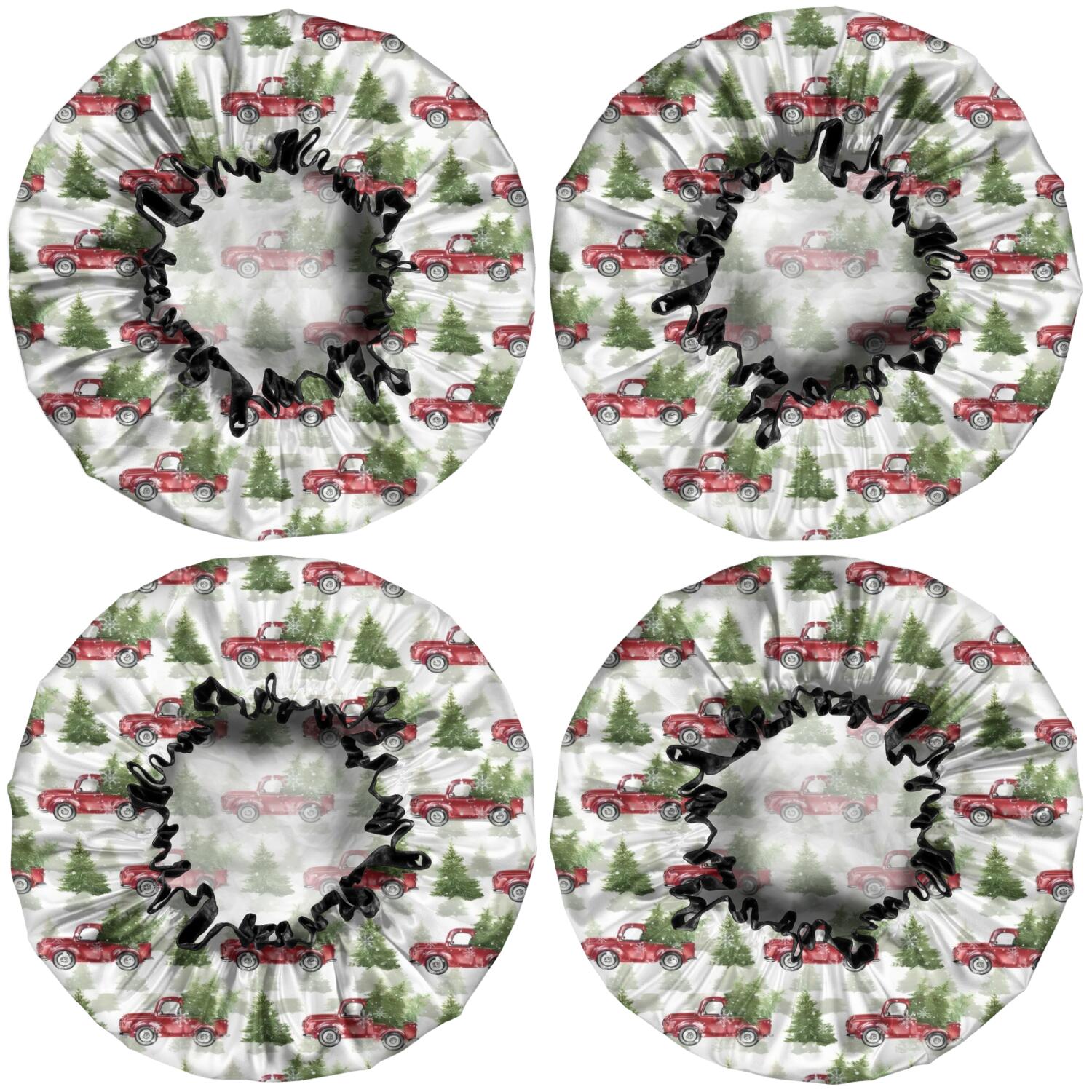 Shower Caps,White Christmas Red Truck and Tree Pattern Waterproof Shower Cap for Women 4 Pieces,Double Reusable Hair Cover for Shower PEVA Elastic Stretch Hem