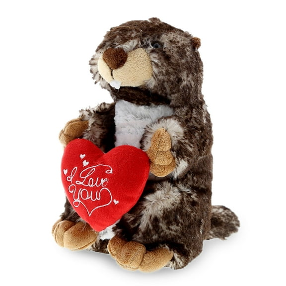 DolliBu I Love You Standing Brown Marmot Plush Cute Stuffed Animal with Heart - 8.5 inches