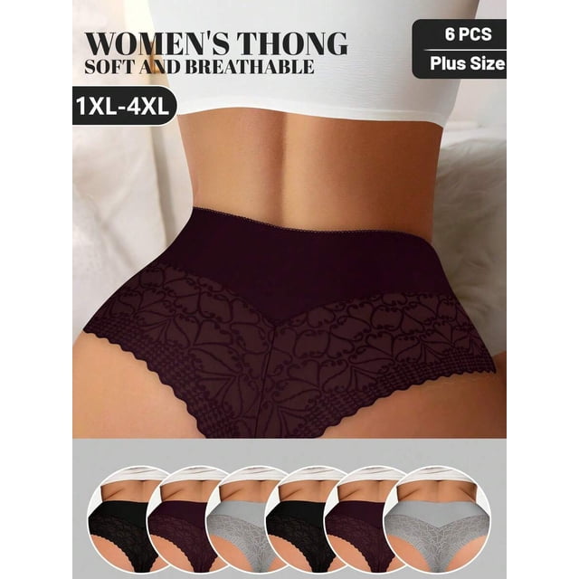 Womens Lace Thong Panties 6-Pack Soft Breathable Plus Size Multicolor