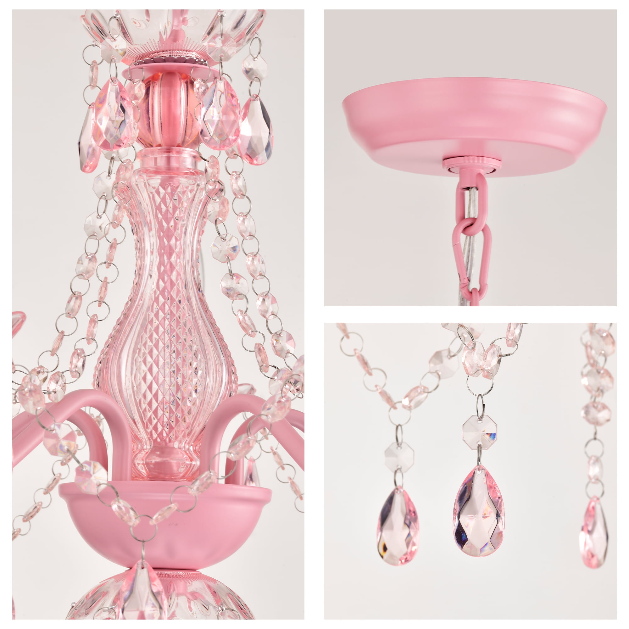 Pink Crystal Chandelier – 5 Light Acrylic Ceiling Fixture for Girls Bedroom, Nursery or Dining Room, 17in Wide
