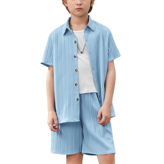 Arshiner Boys Summer Beach Outfits 2 Piece Casual Button Down Shirt and Shorts Set Vacation Texture Sets