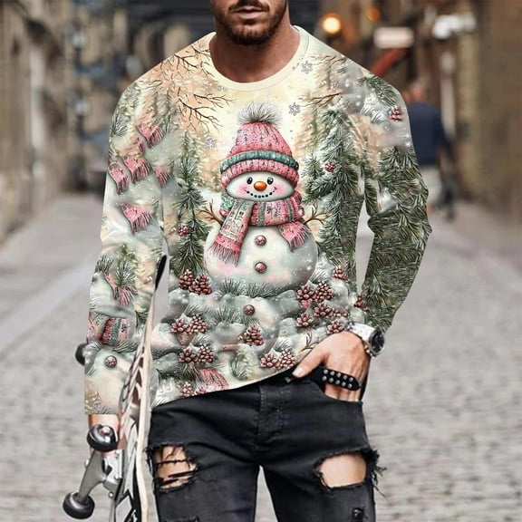 Hipattires Mens Christmas Shirts Big and Tall Tops Pullover Graphics Tees Plus Size Casual Long Sleeve Tops for Men Lightweight