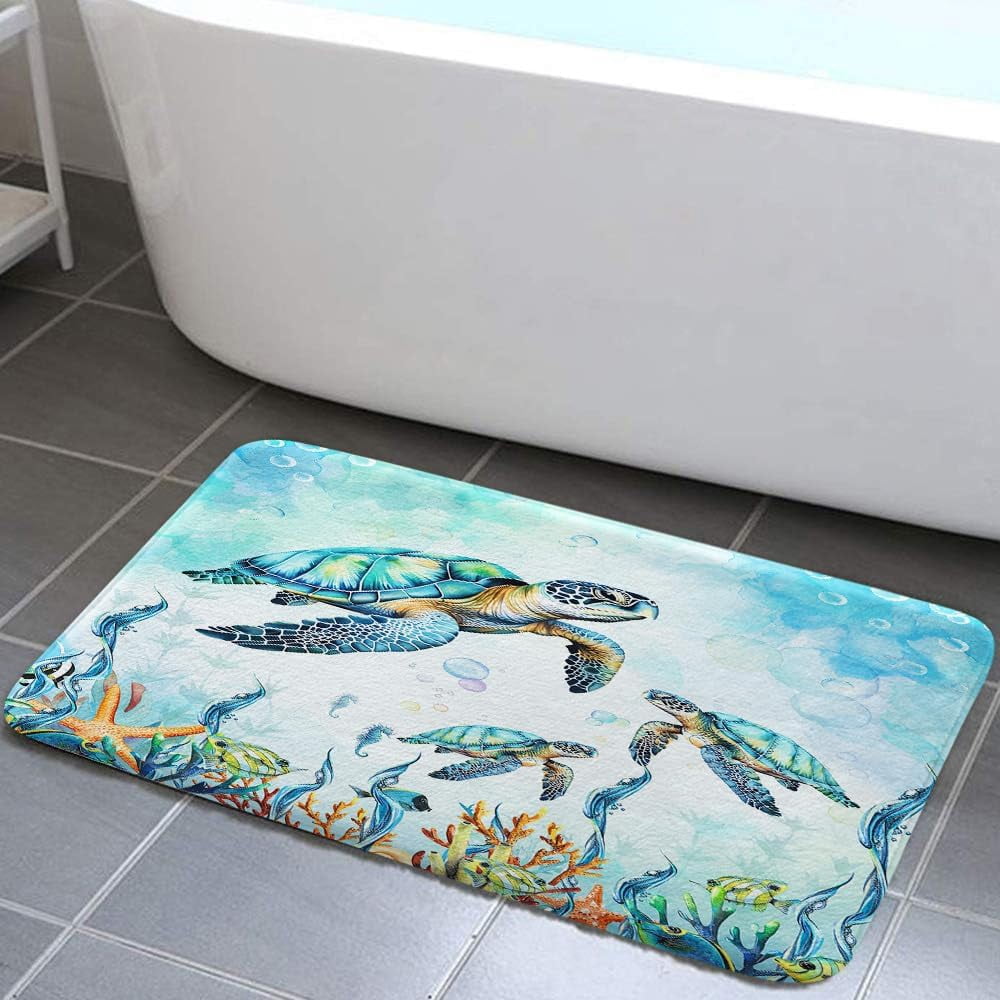 Watercolor Sea Turtle Blue Bathroom Rugs, Nautical Marine Animals Underwater Sea World Bath Rugs, Cute Bath Mats for Bathroom Shower Floor Decor, 19X31in