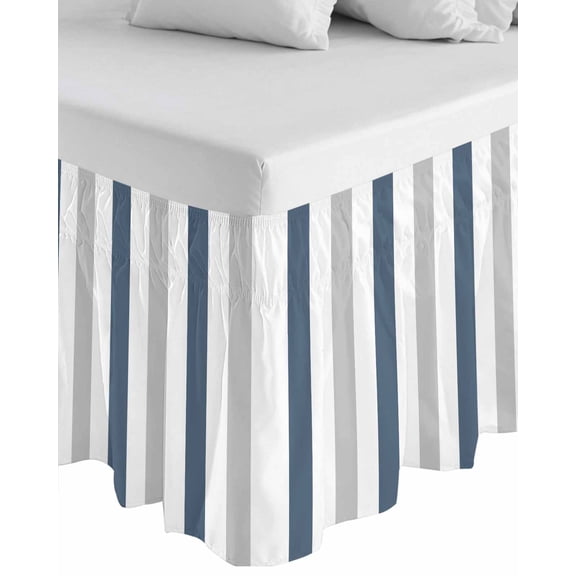 Blue Gray Striped Wrap Around Bed Skirts for King Bed 16" Drop, Bed Skirt with Adjustable Elastic Belt Dust Ruffle Bed Valance for Bedroom Hotel Luxury Farmhouse Stripe Art Bed Frame Cover
