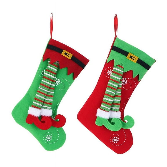 BOPORO 2 Pack ELF Leg Christmas Stockings for Xmas Tree Fireplace Hanging Ornament Family Holiday Party Seasonal Decorations, 12"