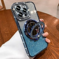 (Double Row Diamond Bumper ) ( Make Up Mirror )Magnetic Kickstand Case for iPhone 15 14 13 12 Pro Max Sparkle Cover Shiny Rhinestone Bling Cases (Blue,for iPhone 12 Pro Max)