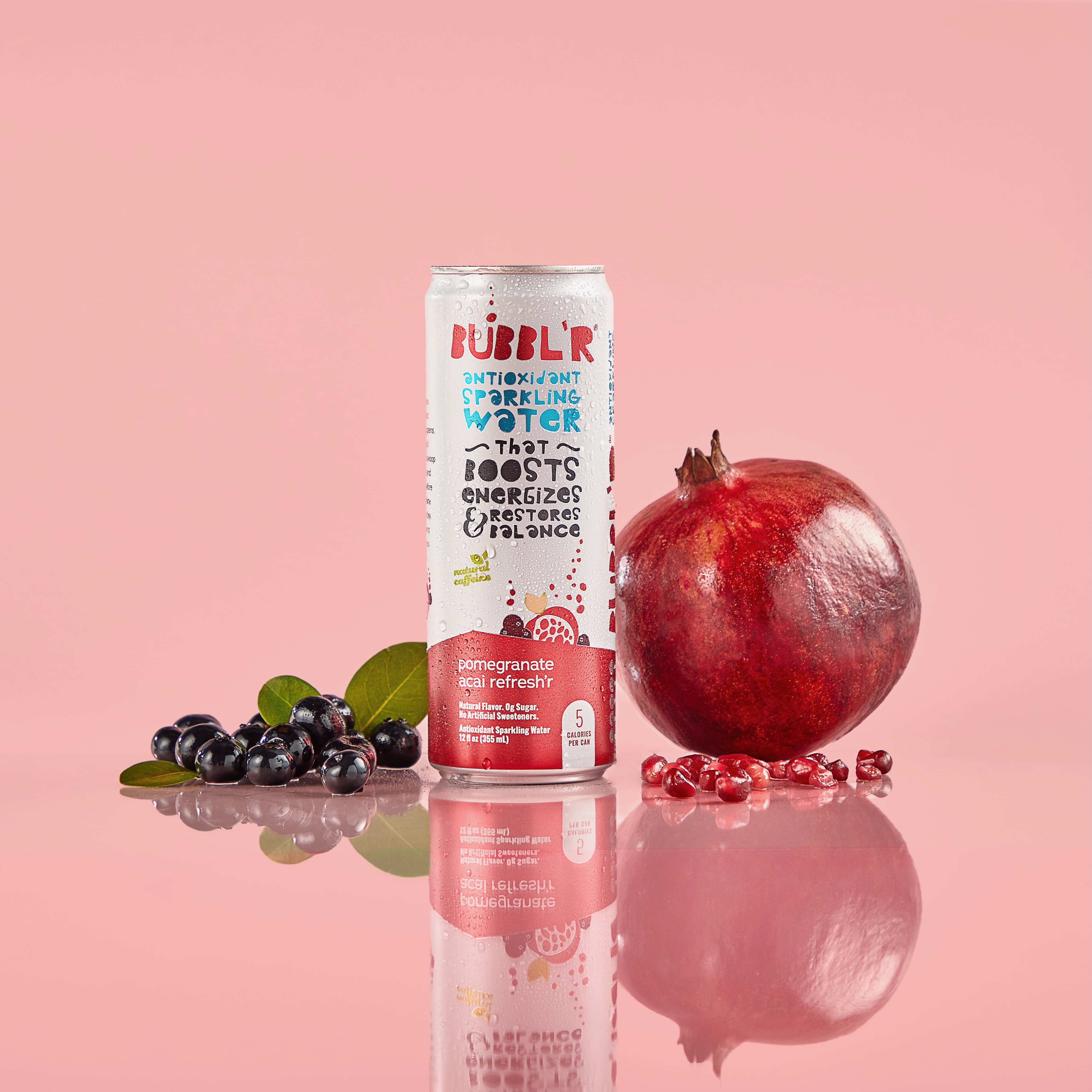 (2 pack) BUBBL'R Antioxidant Sparkling Water, pomegranate acai refresh'r, 12 fl oz Can