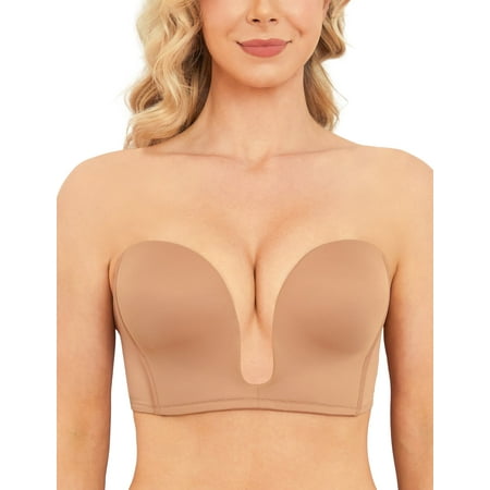Wingslove Women s Deep Plunge Bra Convertible Multiway Push up Low Cut Strapless V Wireless Bra Clear Back  Milk Coffee 36D