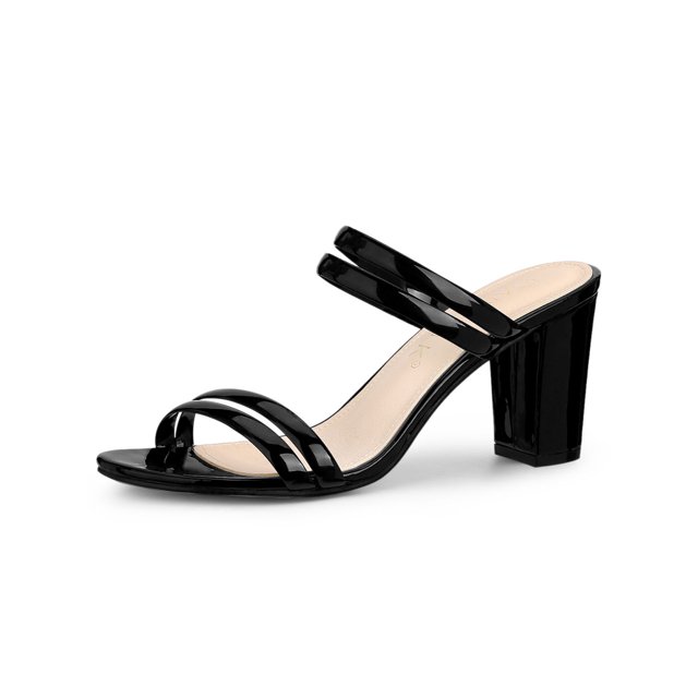 BLISSFUL STEP Women's Strappy Block Heel Slides Mules Sandals Black 8
