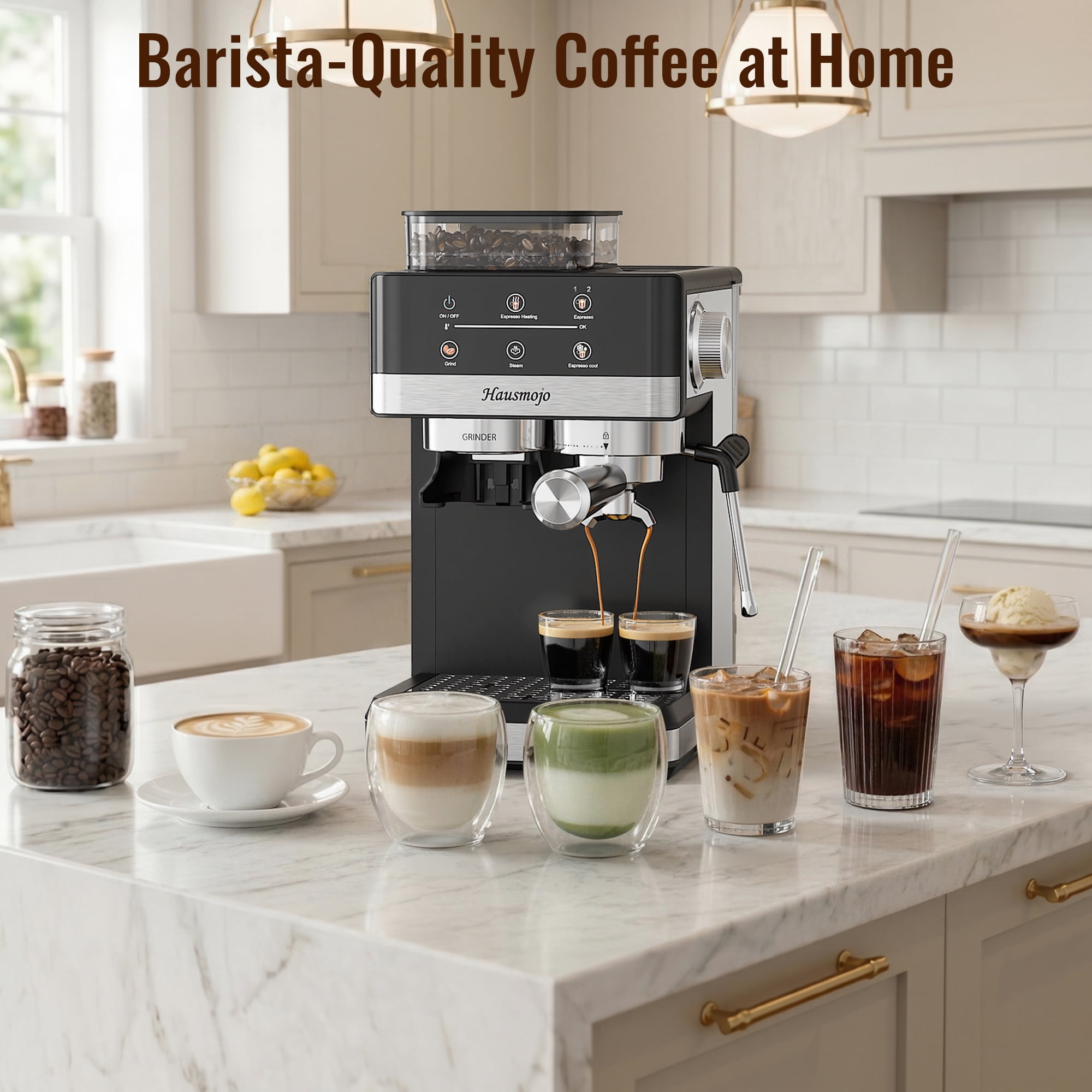 Hausmojo 5520 Espresso Machine with Grinder, Cold Brew & Milk Frother, 20-Bar Semi-Automatic for Latte & Cappuccino, Adjustable Grind & Volume