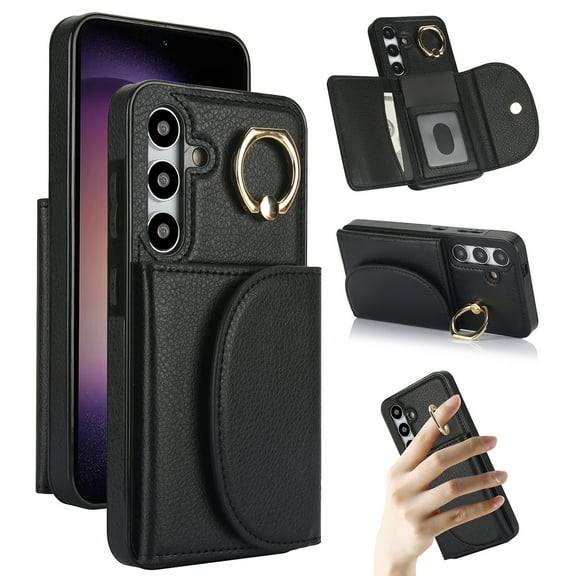 Feishell Premium Leather Case For Samsung S24 with Credit Card Holder,Back Magnetic Closure,360 Finger Ring Stand Kickstand,RFID Blocking Shockproof Wallet Cover Samsung Galaxy S24,Black