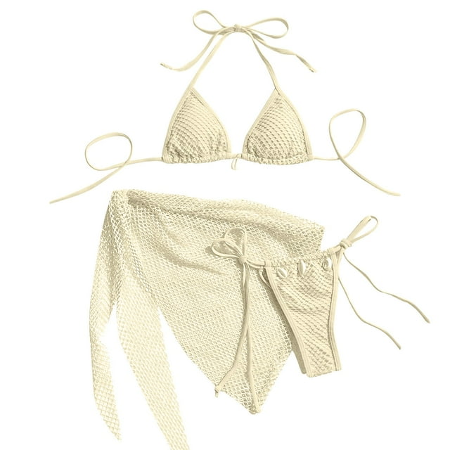Womens Halter Bikini Swimsuits Cheeky String Bikini Set with Skirt Cover Ups Triangle Fishnet Swimwear 3 Pcs Bathing Suit, Beige, S