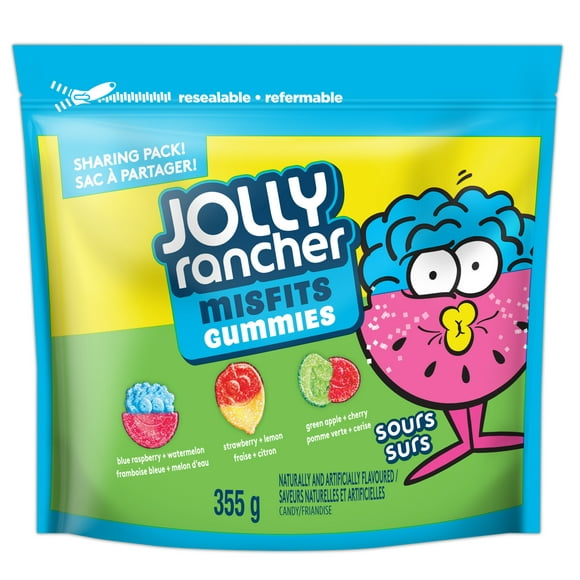 JOLLY RANCHER Misfits Gummies Sours, Pucker up for the perfect sweet and sour snack. JOLLY RANCHER MISFITS GUMMIES Sours come in three 2-in-1 flavour mashups: blue raspberry + watermelon, strawberry + lemon, and green apple + cherry. Have a pack on hand for sharing sour flavour with your sweetest pals.