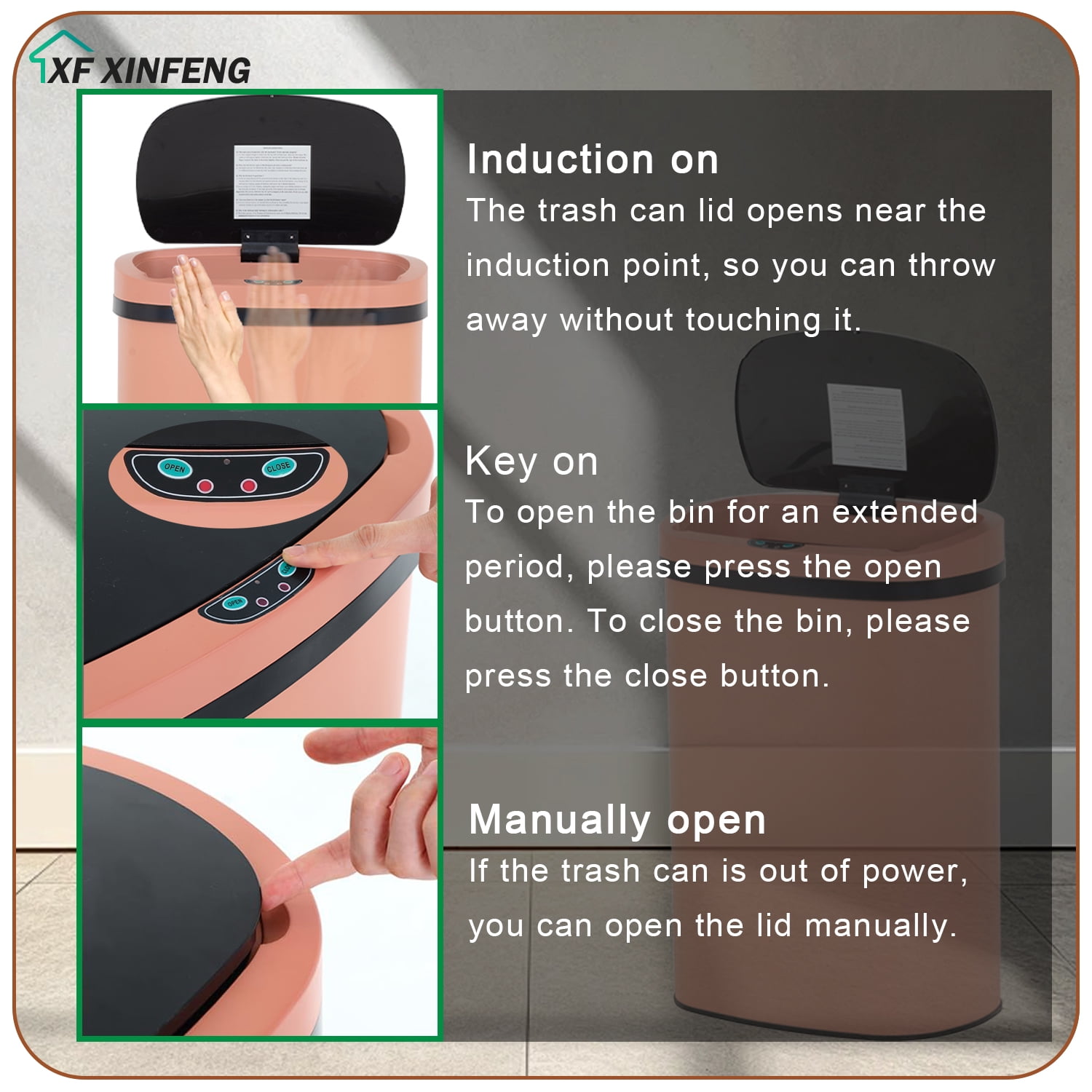 XF XINFENG 13 Gallon 50 Liter Garbage Can Kitchen Trash Can with Lid Automatic Sensor Touch Free Stainless Steel Waste Bin for Bathroom/Bedroom/Home/Office, Pink