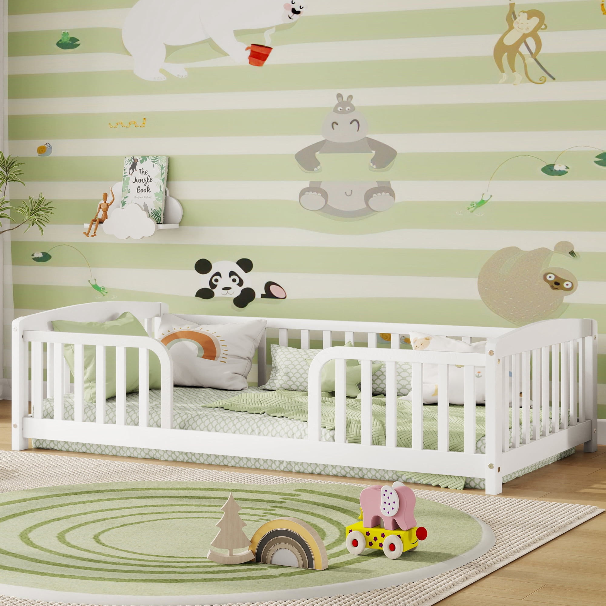 Mintazer Twin Size Toddler Floor Bed with Guardrails & Central Entrance, White