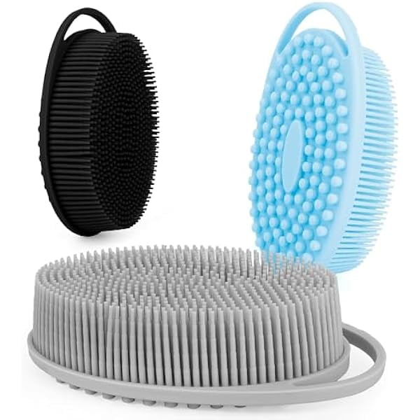 wonima11 Soft Silicone Body Scrubber 3 PCS Silicone Body Shower, Silicone Loofah 2 in 4 Bath and Shampoo Brush, Body Scrubber Shower Cleaning Exfoliating Use,Lather Well, Black,Blue,Grey