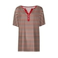 thumbnail image 4 of WREESH Women's Fashion Henley Shirt Striped Printing Short Sleeve V-Neck T-Shirt Casual Loose Button Top with Striped Print Brown, 4 of 5