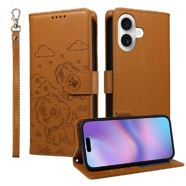 Funda Cartera GANGXUN con Diseño de Perrito en Relieve para iPhone 17 , Protección 360° con Ranuras y Correa Desmontable