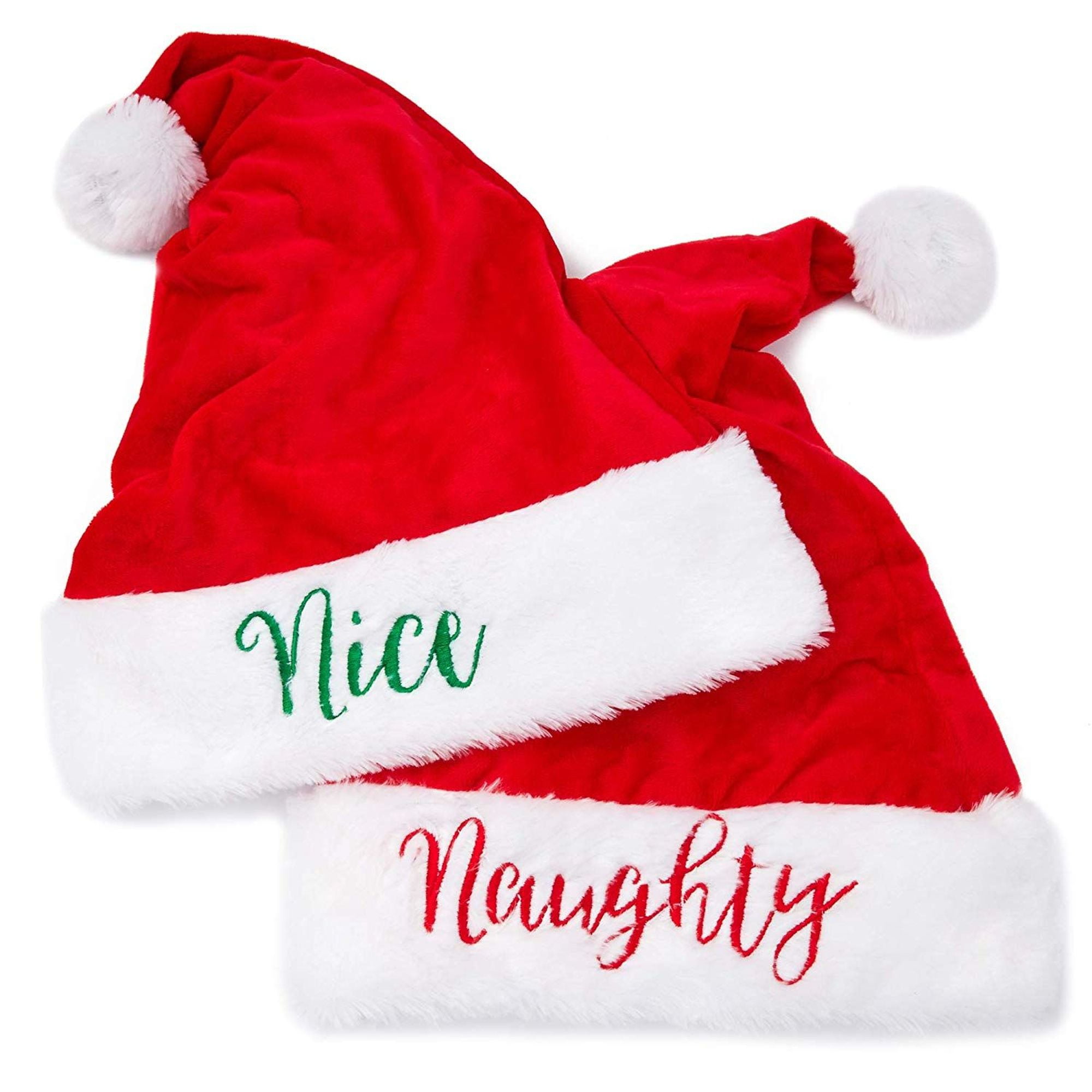 2 Packs Naughty and Nice Christmas Santa Hats, Unisex Soft Plush Xmas Hat for Kids Teens Adults