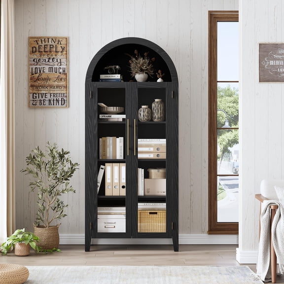 63"H Arched Kitchen Pantry Storage Cabinet - Farmhouse 5 Tier Display Shelf with Adjustable Shelf and 2 Large Glass Doors, Versatile Cupboard for Kitchen, Dining Room, Living Room
