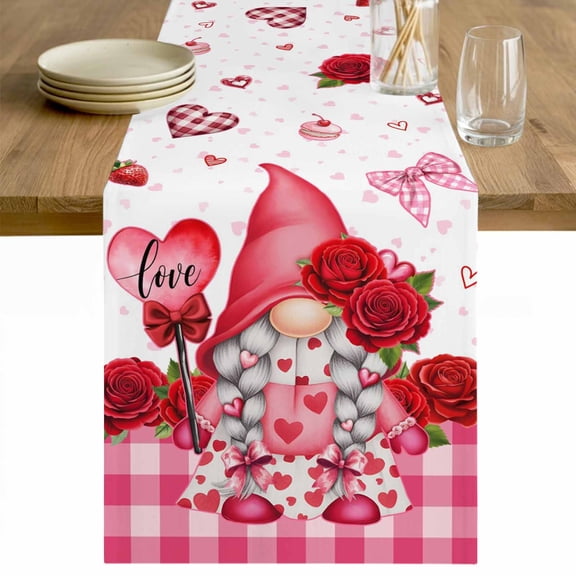 Valentine's Day Table Runner - 70 Inch Long Red Roses Gnomes Loves Romantic Plaid Cotton and Linen Blended Dress Scarves Farmhouse Table Runner for Kitchen Dining, Coffee Table, 13" x 70"