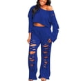 thumbnail image 2 of Idoravan Women Sets Clothing Womens Casual Fashion Sexy Hollow Out Solid Color Off Shoulder Ripped Top Trousers Pants Set, 2 of 7