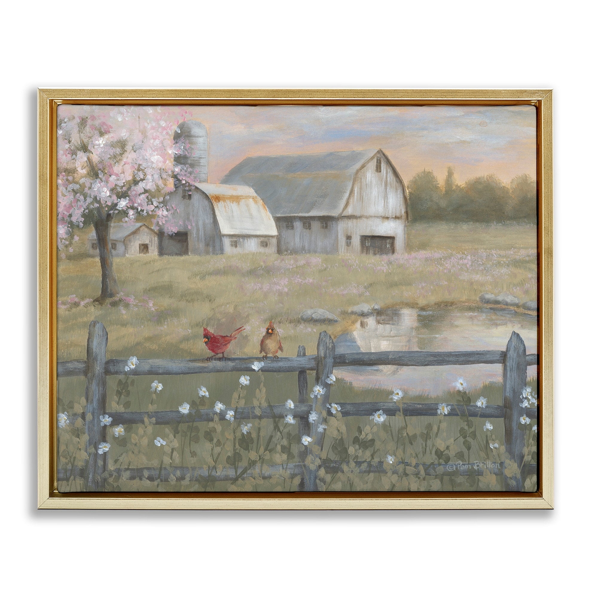 Stupell Industries Blossoming Trees Birds Perched Country Farm Fence Painting Metallic Gold Floating Framed Canvas Print Wall Art, Design by Pam Britton