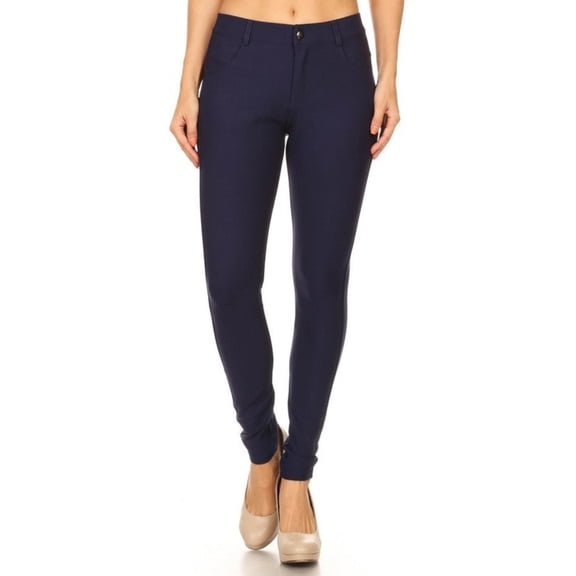 Yelete Lady's Mid Rise Ponte Knit Skinny Pants - Navy Blue - W(S)
