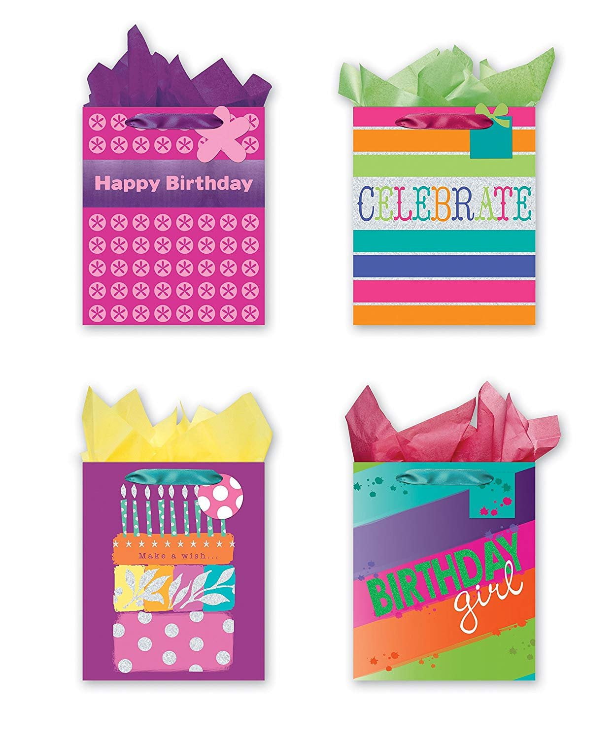4 Large Party Gift Bags, Birthday Gift Bags Set of 4 Happy Birthday