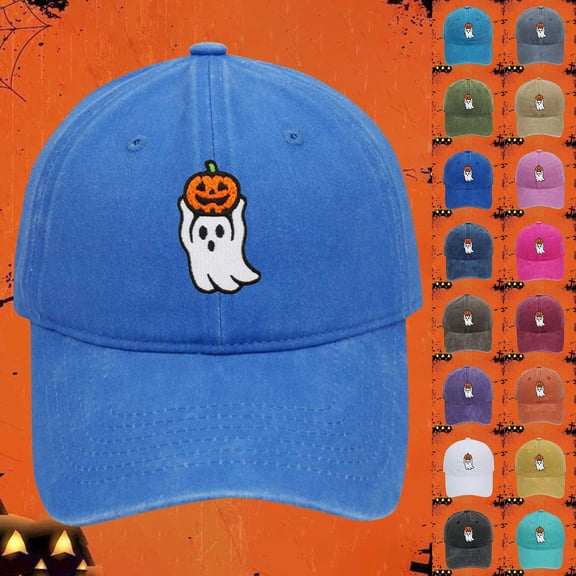 Halloween Ghost and Pumpkin Embroidered Baseball Cap - Unisex Vintage Washed Dad Hat with Adjustable Strap, Perfect for Halloween Parties, Daily Wear & Outdoor Activities-Black