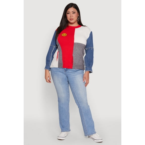 Womens Plus Size Daisy Color Blocked Denim Sleeve Sweater