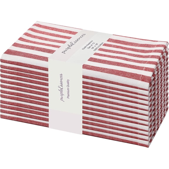 PurpleEssences Set of 12 Stripe Cloth Napkins 100% Cotton, Washable, 18x18 in - Red/White